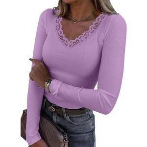 LUXVEER Long Sleeve Shirts for Women Lace V Neck Ribbed Fitted T-Shirt Dressy Business Casual Blouses 2026 Trendy Fall Tops S