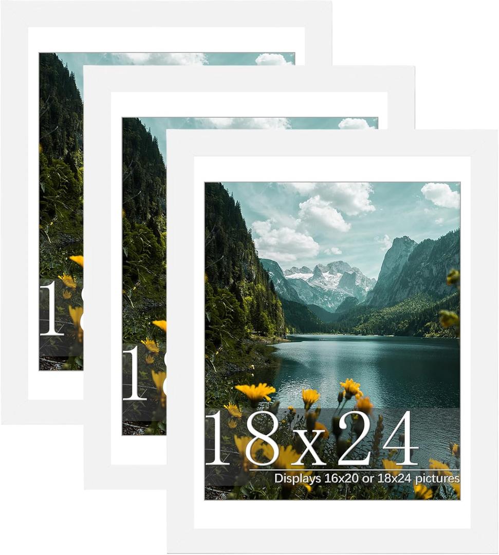 Picrit 18x24 Picture Frame 3 Pack, White Poster Frame, Display Poster 16 x 20 with Mat or 18 x 24 without Mat for Horizontal or Vertical Wall Mounting