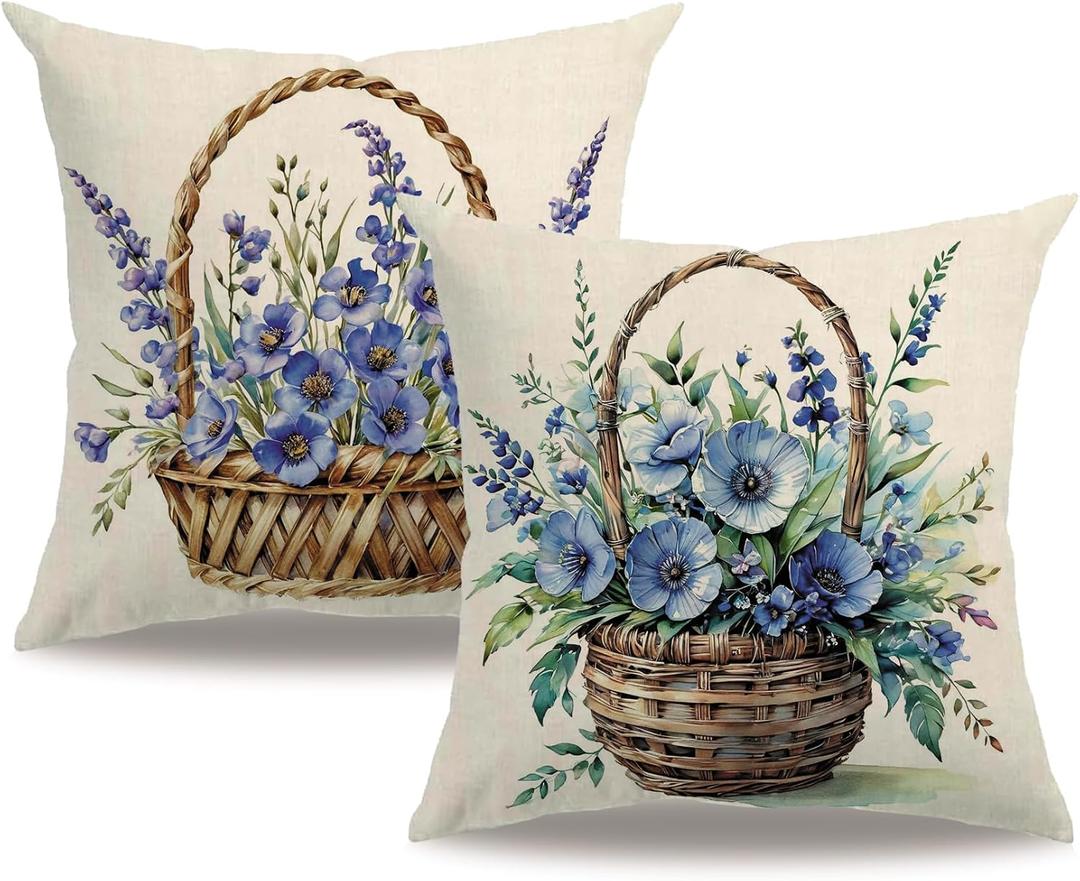 7COLORROOM 2Pack Blue Flower Pillow Covers Outdoor Garden Decoration Cushion Covers Farmhouse Rustic Colorful Spring Flower Home Décor Pillowcases 18x18 inch for Patio Sofa Bed(Blue)