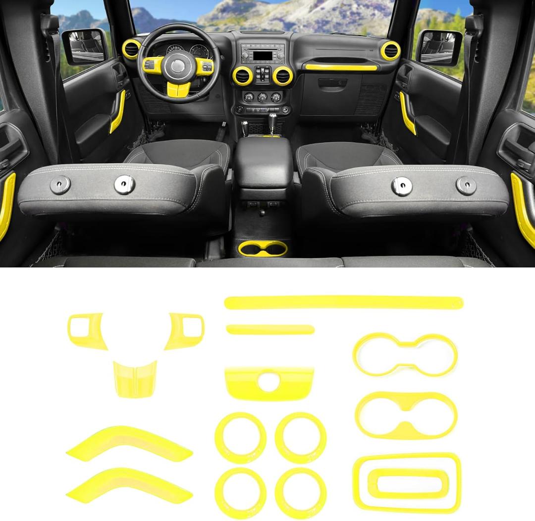 16PCS Full Set Interior Trim Kit for Jeep Wrangler JK JKU 2011-2018 4 Door,Center Console Door Handle Side Outlet Cup Holder Gear Cover Trim (Yellow)