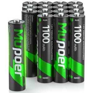 Mupoer Rechargeable AAA Batteries 16 Pack,1100mAh NiMH AAA Rechargeable Battery,1.2V Triple A Battery, High Capacity Low Self Discharge Pilas Recargables,3A Batteries for Solar Light Toy Remote