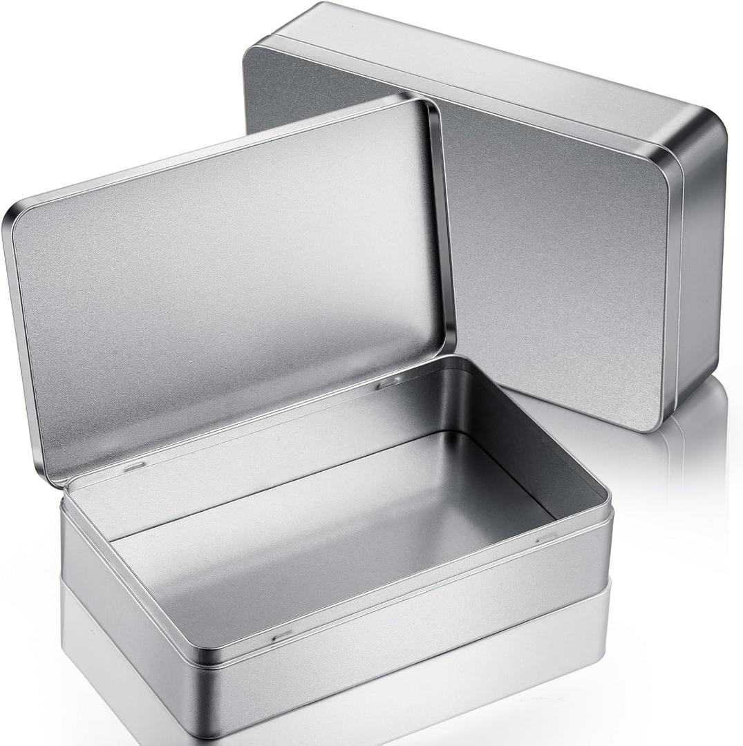 2 Pack 8.5 by 5.3 by 1.9 Inch Silver Rectangular Empty Tin Box Containers, Gift, Jewelery and Storage Tin Kit, Home Organizer