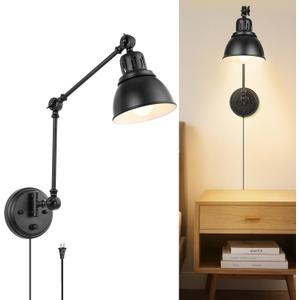 1 Pack Plug in Wall Sconce, Dimmable On Off Switch, Swing Arm Wall Lamp, Black Metal Industrial, Plug in Wall Light (Black, Without Bulb+Remote)