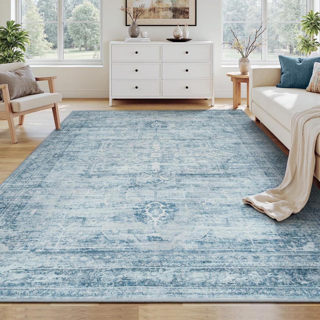 5x7 Washable Area Rugs for Living Room, Neutral Retro Aesthetic Non Slip Blue Rug for Nursery Kids Room, Soft Faux Wool Cozy Floor Carpet for Bedroom Dining Room