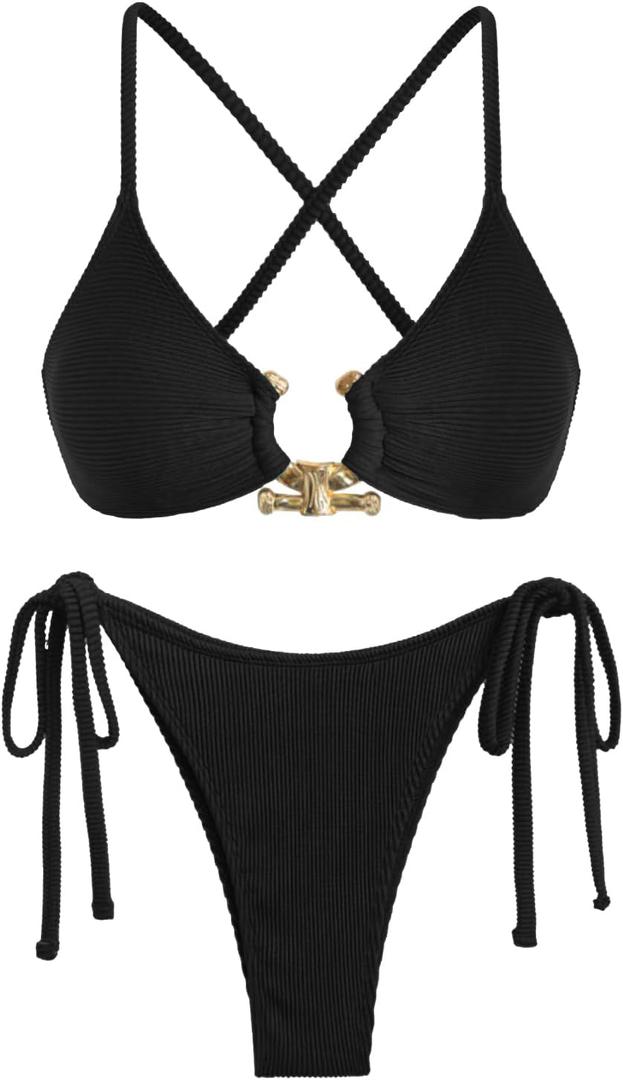 ZAFUL Women's Sexy Cutout Bikini Set High Cut Textured Metal Ring Cheeky Swimsuit Two Piece Bathing Suit (M)