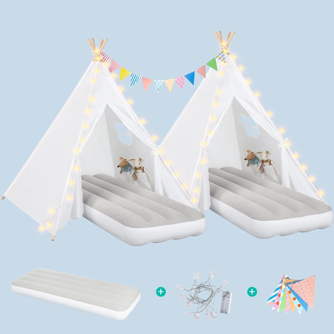 wilwolfer 2 Pack Teepee Tent for Kids with Inflatable Airbed, Indoor Play Tent Foldable for Boys Girls Party Sleepover Slumber Gifts Toy