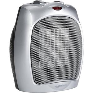 Basics Ceramic Space Heater, Portable Indoor Heating Solution, With Overheat and TipOver Protection, Thermostat, NonOscillating, 1500W, Fast Heating, 7.52"D x 6.34"W x 9.45"H, Silver