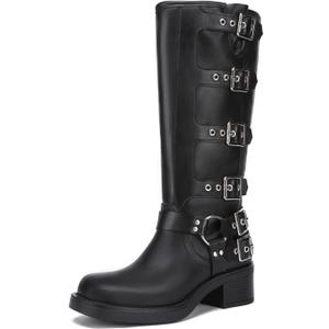 7 x Athlefit Women's Knee High Riding Boots Fashion Buckle Square Toe Chunky Heel Wide Calf Biker Boots (Black)