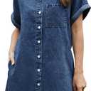 Denim Dress for Women Midi Jean Shirt Dresses Button Down Short Sleeve Summer Womens Jeans Babydoll Pockets (Small, Navy Blue)