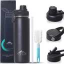 24oz Insulated Water BottleVacuum Stainless Steel Bottle with Straw, Spout, Handle, 3 LidsLeak Proof, BPA Free, Fits Cup HoldersMetal Thermos for Hiking, Gym, Car, Bike (Black)