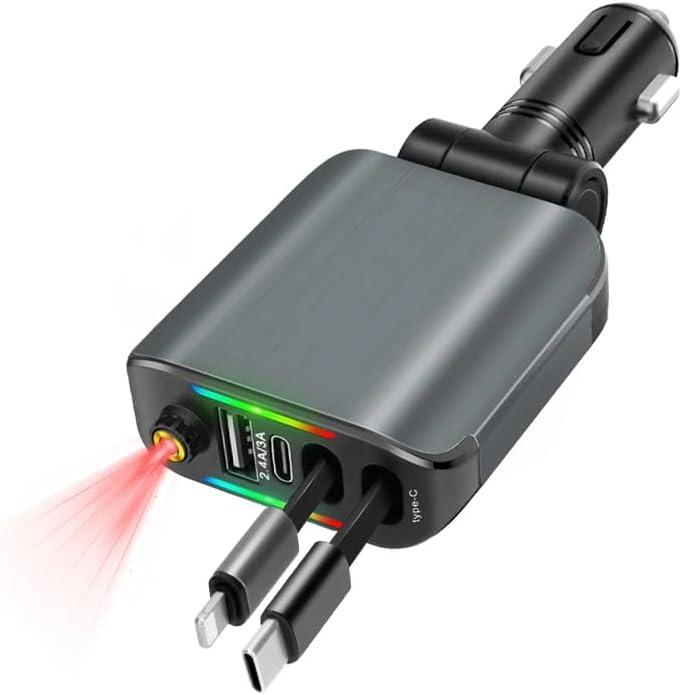 Car Charger with Starlight, 120W USB C Fast Car Chargers Adapter, 4 in 1 Retractable Car Charger with 2 USB Ports Car Phone Chargers for iPhone17 /16/15/14/13/12 and for AndroidISO Bulit in coverter