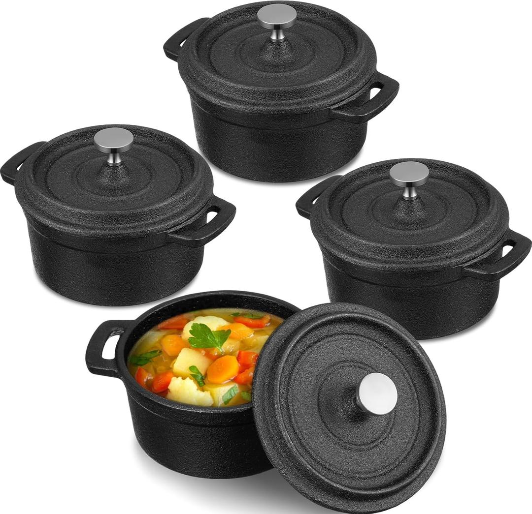 4 Pcs Mini Dutch Oven Small Round Iron Cocotte Black Dutch Oven Pot with Lid and Dual Handles Cast Iron Pot for Stovetop Use Marinate Cook Bake Refrigerate Garlic, Individual Servings(8 oz)