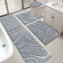 HEBE Bathroom Rugs Sets 5 Piece, Soft Absorbent Microfiber Bath Mat for Bathroom, Non Slip Washable Bath Rug Set with Toilet Cover, Bath Runner and U-Shaped Contour Toilet Rug, Light Grey