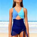 Funnycokid Girls One Piece Swimsuit Color Block Teen Bathing Suit with Pad Cover Up Skirt(7-16Y)