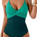 B2prity Women's One Piece Swimsuits Tummy Control Front Cross Bathing Suits Tie Back Slimming V Neck Swimwear (Large, Green Color Block)