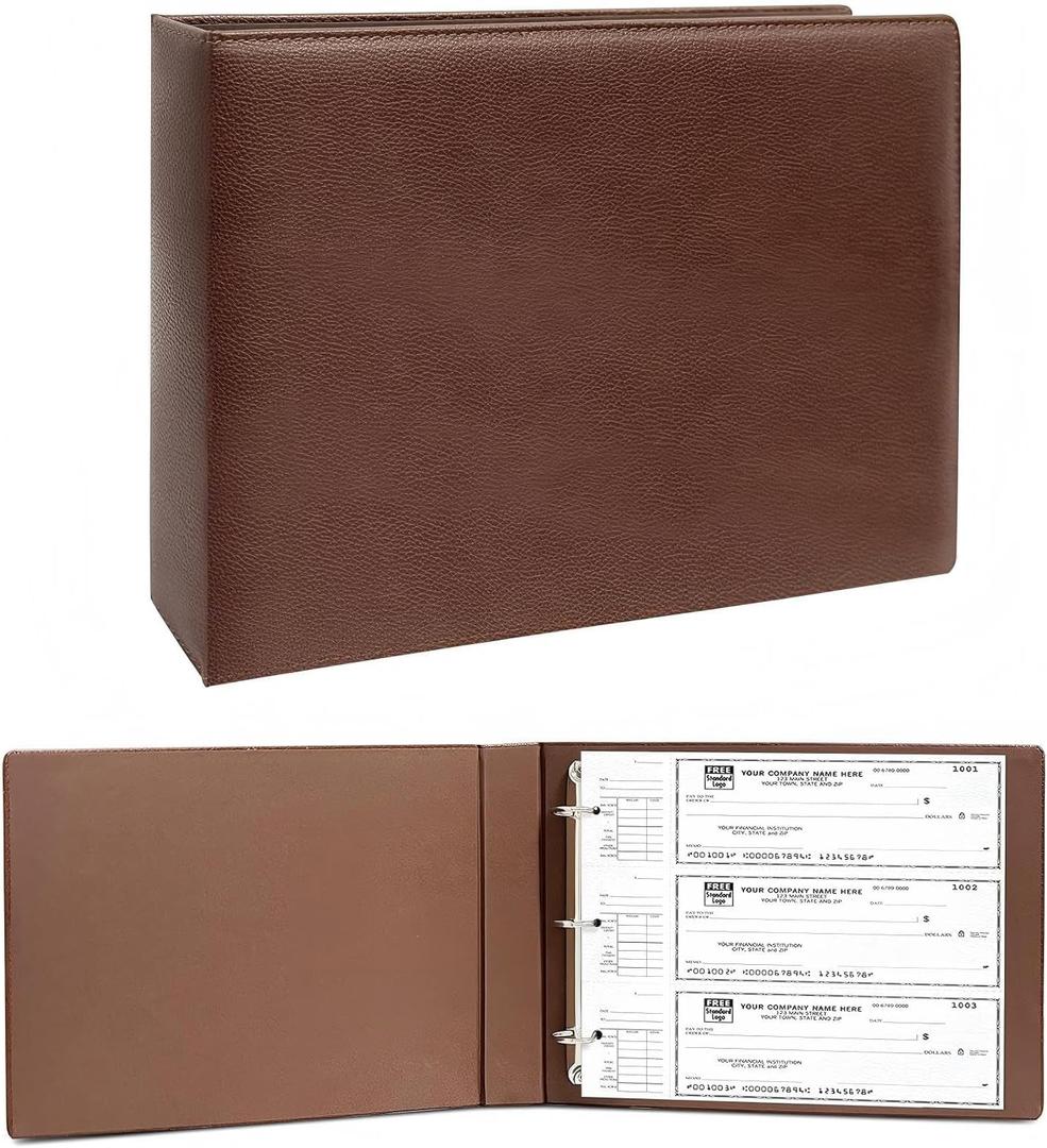 3 Rings Check Binder for End-Stub Deskbook Checks, 3 on a Page, Fit 3 & 9 Holes Check Faux Leather (11 1/4" x 9") (Brown)