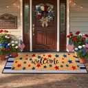 APUDWN 2 Pcs Extra Long Patriotic Welcome Door Mat Set for Double Door, 4th of July USA Stars Doormat with Blue White Striped Rug, Oversized Layered Entryway Decor for America 250th Anniversary