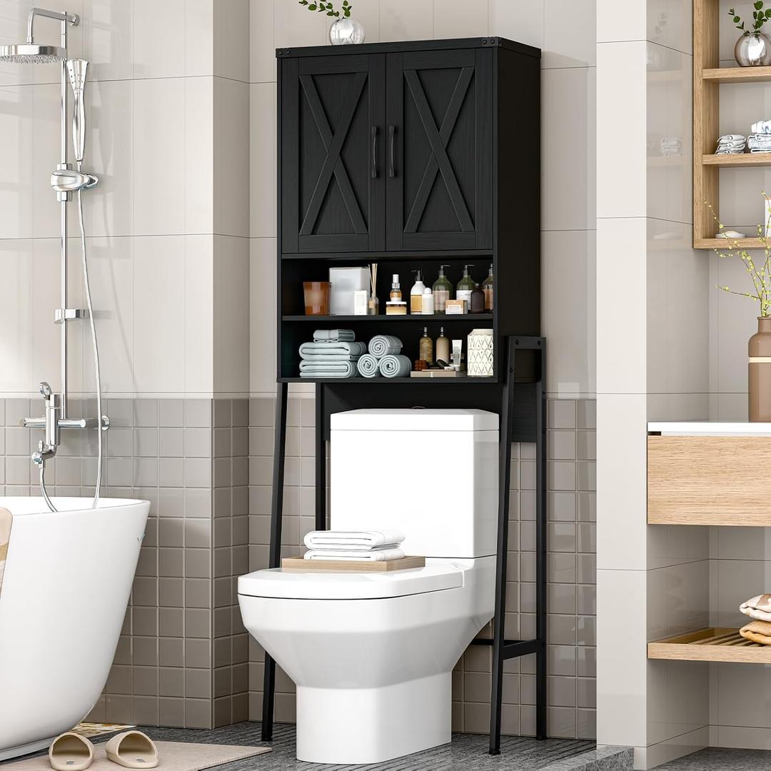 Vabches Over The Toilet Storage Cabinet, Farmhouse Over Toilet Storage Cabinet, Metal Frame with 2 Barn Doors, Home Space-Saving Toilet Rack for Bathroom, Toilet, Laundry Room,Black, 24.41" x 7.68" x 66.54"