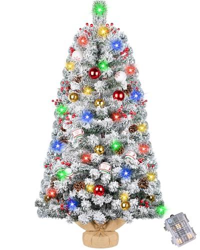 DDHS Small Flocked Christmas Tree,3ft Prelit Tabletop Christmas Tree, with 60 Lights, Ornaments Balls, Pine Cones Red Berries, Snow Xmas Tree Perfect for Holiday Christmas Home Decor