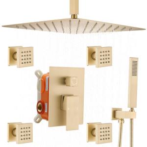 Enga Brushed Gold Rain Shower System with 4 Body Shower Jets 12inch Ceiling Mount Rainfall Shower Head & Handheld, Multi Shower Head System Rain Shower Faucets sets Combo with Rough-in Valve (Brushed Gold)