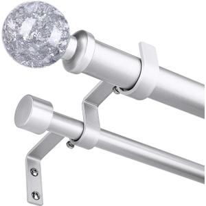 Double Curtain Rod 36-153 Inch, Silver Extra Long Dual Curtain Rods for Windows, Adjustable Heavy Duty Vintage Spliced 1 Inch Window Treatment Rods with Decorative Crystal Foil Finial