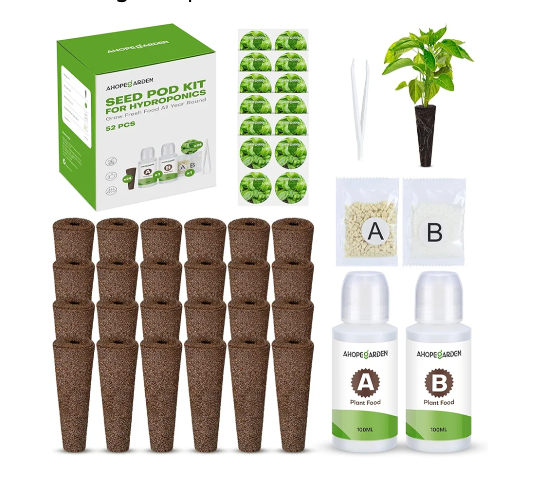 Ahopegarden 52PCS Hydroponics Pods Kit: Compatible with Aerogarden, Includes 24 Grow Sponges, 24 Pods Labels, 4 A&B Plant Food - Hydroponics Supplies for Most Brands