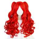 Half and Half Long Curly Red Ponytail Wig Vibrant Red Clown Wig Twin Tail Wigs for Halloween Party Costumes