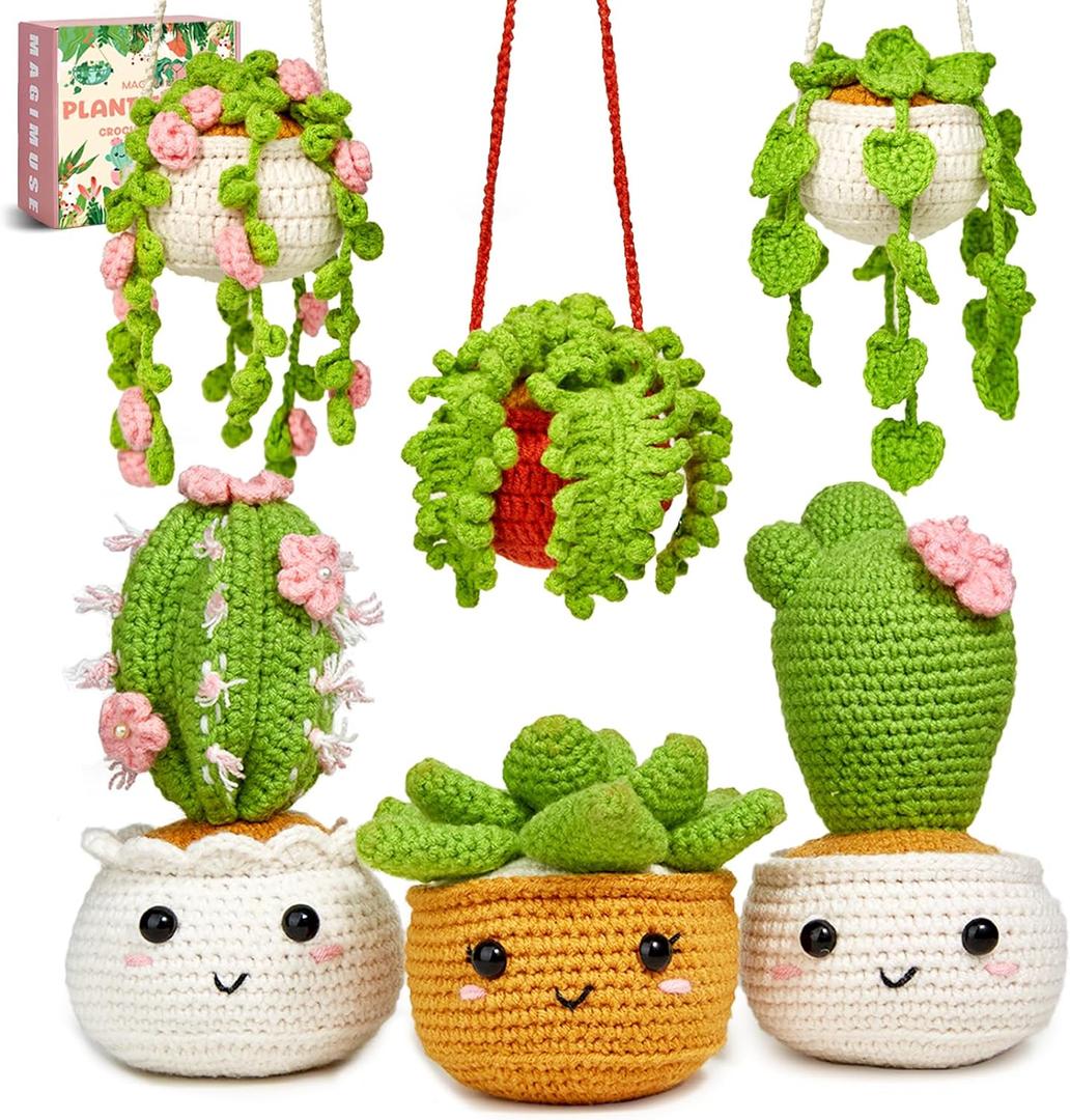 MAGIMUSE Crochet Kit for Beginners, Crochet Starter Kits, Amigurumi Craft Knitting Crocheting Kits with Step-by-Step Video Tutorials, 6 Pack Hanging Potted Plants Family (40%+ Yarn)