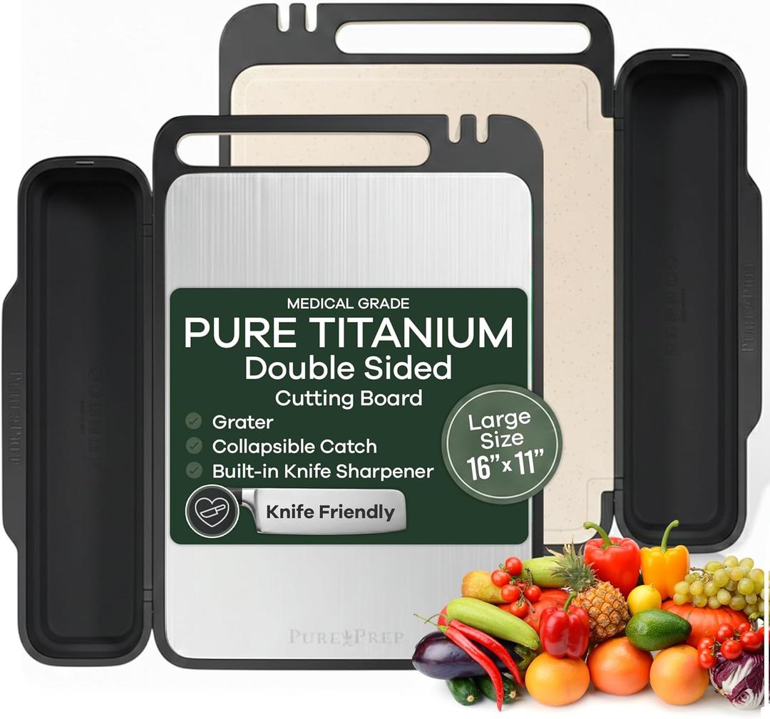 PURE-PREP Titanium Cutting Board - Double-Sided Design with Titanium Cutting Board and Wheat Straw PP for Kitchen Use - Chopping Board with Collapsible Catch, Grater, Knife Sharpener - Large 16x11