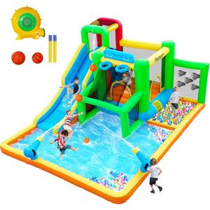 FBSPORT Inflatable Bounce House Water Slide, Bounce House for Kids Indoor Outdoor Bouncy House with 550W Blower, Bounce Castle with Slide Ball Shooting, Water Gun, Splash Pool, Bounce Area, Hose