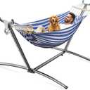 ANAGOO 2 Person Hammock with Stand, 500 lb Indoor Outdoor, Blue White | Adjustable Height | Heavy Duty Steel Stand | Anti-Tip Spreader Bars | Tool-Free 10-Min Setup