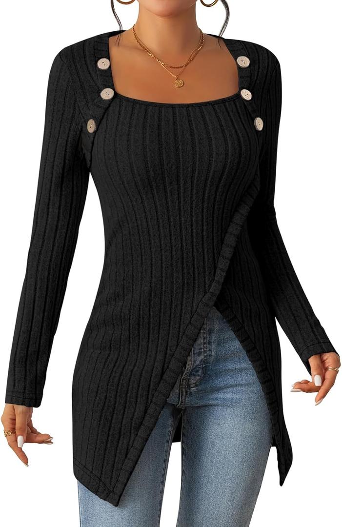 Womens Lightweight Asymmetrical Sweaters Long Sleeve Shirts Casual Fall Button Decor Tunic Tops (Small, Black)