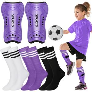 Liliful 4 Pcs Soccer Shin Guards Set for Girl Kids Youth Include 1 Shin Guards & 3 Sport Socks Protective Lightweight Gear Leg Pads Gear for 3-15 Girls Boy Children Teens (Small, Purple)