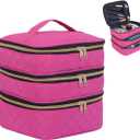 Three Layer Travel Makeup Bag Large Cosmetic Storage Organizer with Handle and Removable Divider (Wine)