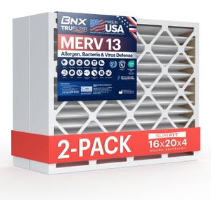 BNX TruFilter 16x20x4 (15.5 x 19.5 x 3.63 Slim Fit) MERV 13 Air Filter (2-Pack) - MADE IN USA - Air Conditioner HVAC AC Furnace Filters Health, Allergies, Mold, Bacteria, Smoke, MPR 1900 FPR 10