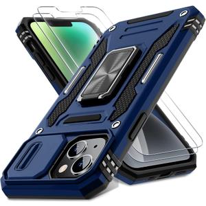 DEERLAMN Case for iPhone 13/iPhone 14 6.1-Inch with Slide Camera Cover+Screen Protector(2 Packs),Rotated Ring Kickstand Military Grade Shockproof Protective Cover-Navy Blue (for iP 13/14-6.1 Inch)