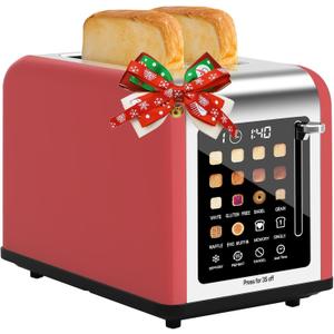 2 Slice Toaster Touch Screen, Stainless Steel Toasters Digital Timer 2 Slot Toasters, 8 Shade Settings 6 Bread Types for Bagel, Cancel, Defrost (Red)