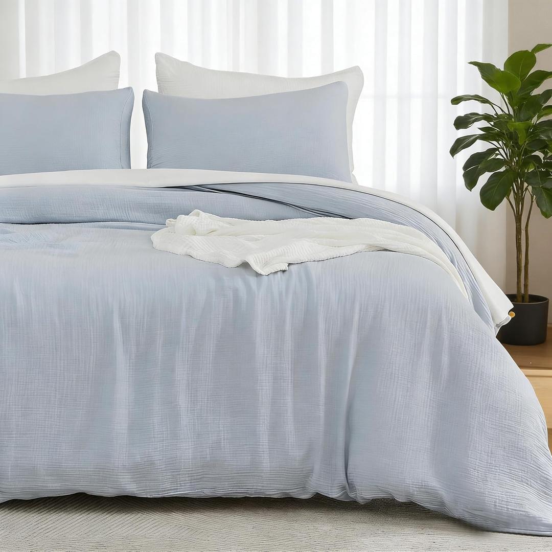 EMME Muslin Cotton Duvet Cover Set Blue Twin Size Linen Like Soft Breathable Lightweight Summer Comforter Cover Set with Zipper Closure (Blue, Twin, 68"x90")