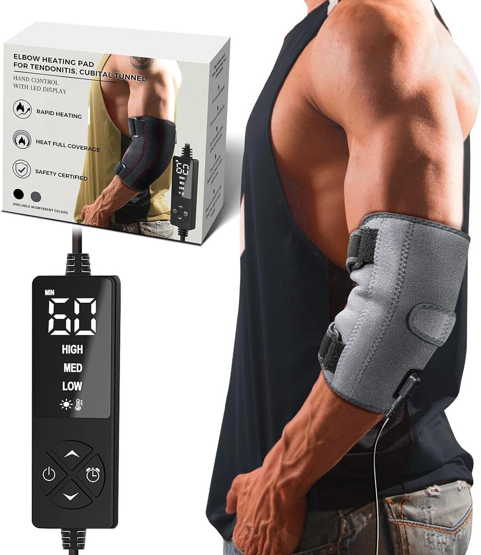 CREATRILL Elbow Heating Pad for Cubital Tunnel and Tennis Elbow Relief, Heated Elbow Brace Arm Heating Pad Sleeve for Ulnar Nerve with Auto Off and Moist Heat Option (Gray)