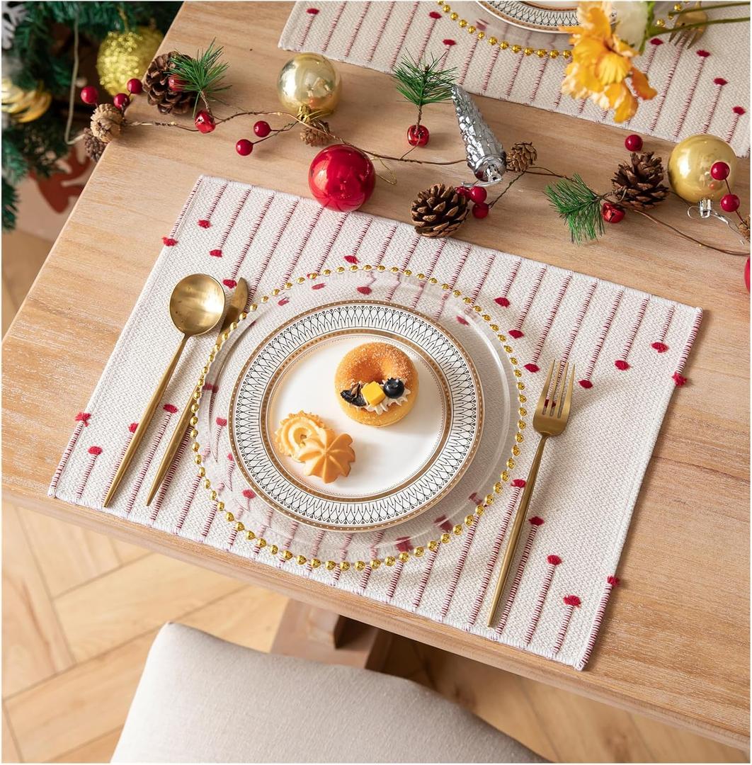 Christmas Placemats Set of 6 for Dining Table Dcor, Woven Cloth Red Place Mats for Farmhouse Kitchen Tabletop, Handcrafted Machine Washable Cotton Table mats 13 x 19 Inch