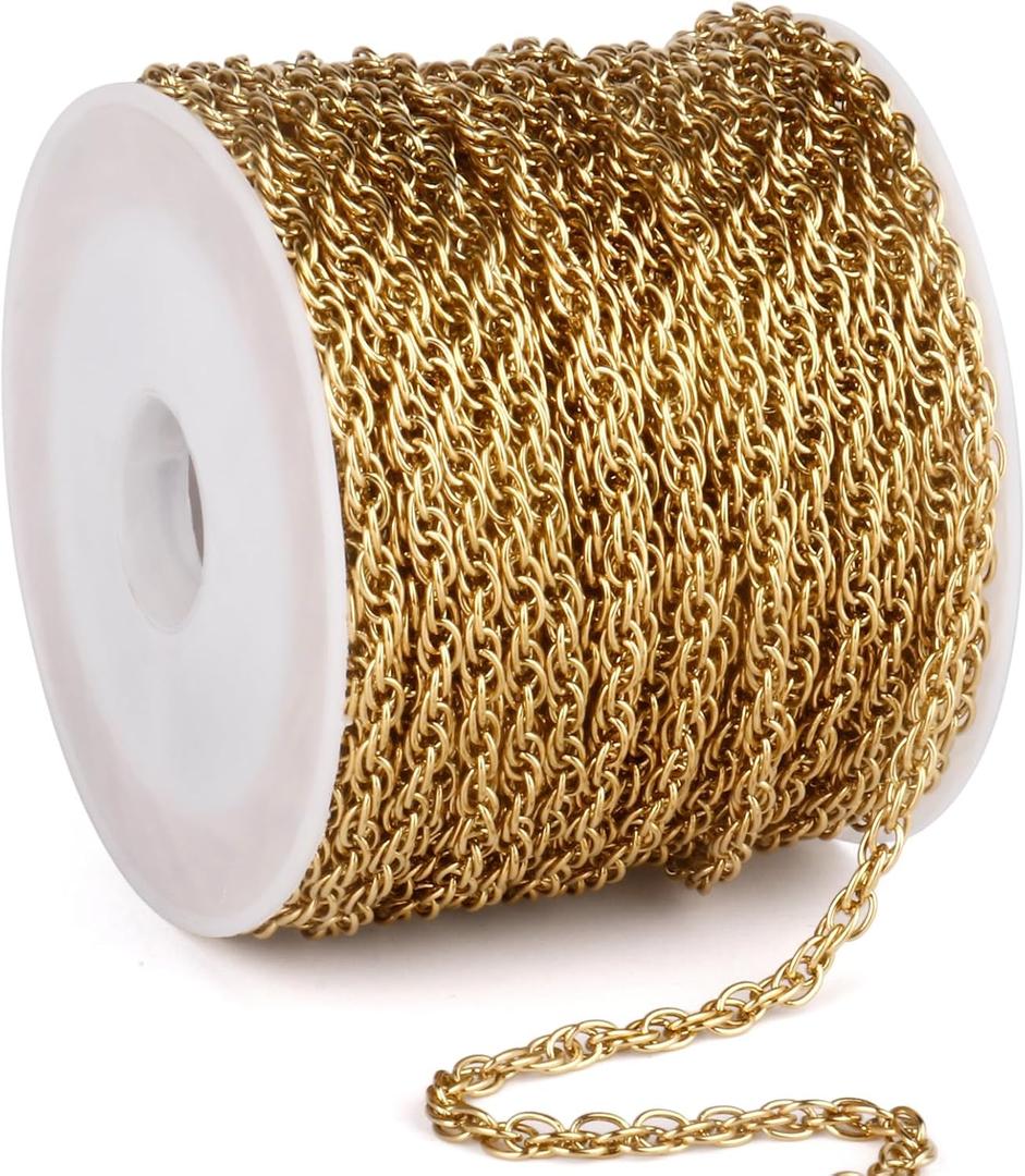 33 Feet 18K Gold PVD Plated Twisted Cable Link Chains Roll, 2.5mm Width 304 Stainless Steel Gold Double Links Rope Chain Bulk Spool for Jewelry Making DIY Craft