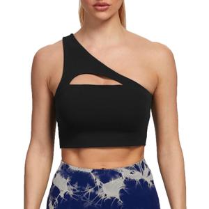 Aoxjox Women's Workout Sports Bras Fitness Gym Olivia Asymmetric One Shoulder Bra Yoga Crop Tank (Medium, 1 Black)