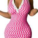 Ryehack Womens Summer Halter Mini Dress Backless Sundress Striped V Neck Bodycon Beach Vacation Sexy Birthday Club Outfits (Medium, Pink)