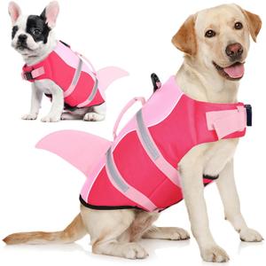 AOFITEE Dog Life Jacket, Shark Dog Life Vest for Swimming Boating, High Flotation Pet Lifesaver with Rescue Handle, Reflective French Bulldog Lifejacket, Life Jackets for Small Medium Large Dogs, M (Light Pink & Dark Pink)