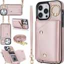 LUVI Compatible with iPhone 15 Pro Wallet Case with Card Holder Crossbody Neck Strap Lanyard Wrist Strap Purse for Women PU Leather Flip with Credit Card Kickstand Stand Cover Rose Gold