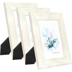 KAIWIN 100% Solid Wood White 5x7 Picture Frame 3 Pack - Display Picture 4x6 with Mat, HD Plexiglass Inside, Rustic Wooden Photo Frames for Table Top and Wall Mounting