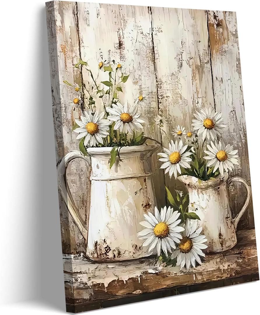White Daisy Canvas Wall Art Vintage Wall Decor Pictures Country Farmhouse Poster Print Oil painting style Painting Artwork for bedroom home Bathroom decoration 16x24in