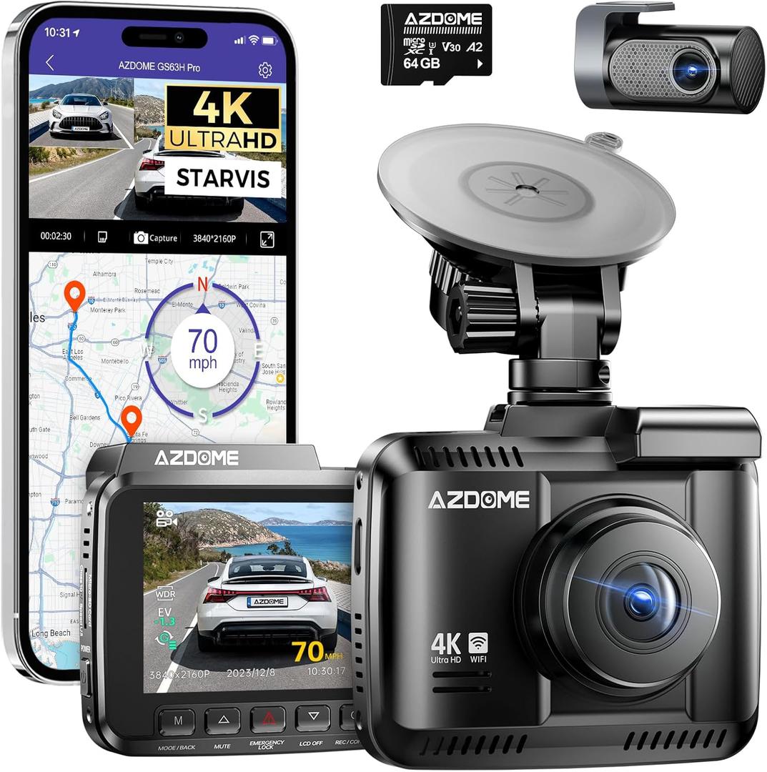 AZDOME 4K Dash Cam Front and Rear, STARVIS Night Vision, UHD 2160P WiFi Dash Camera for Cars with GPS, Included 64GB Card, 2.4" IPS Screen Dashcam, 170Wide Angle, WDR, 24H Parking Mode (GS63H Pro)