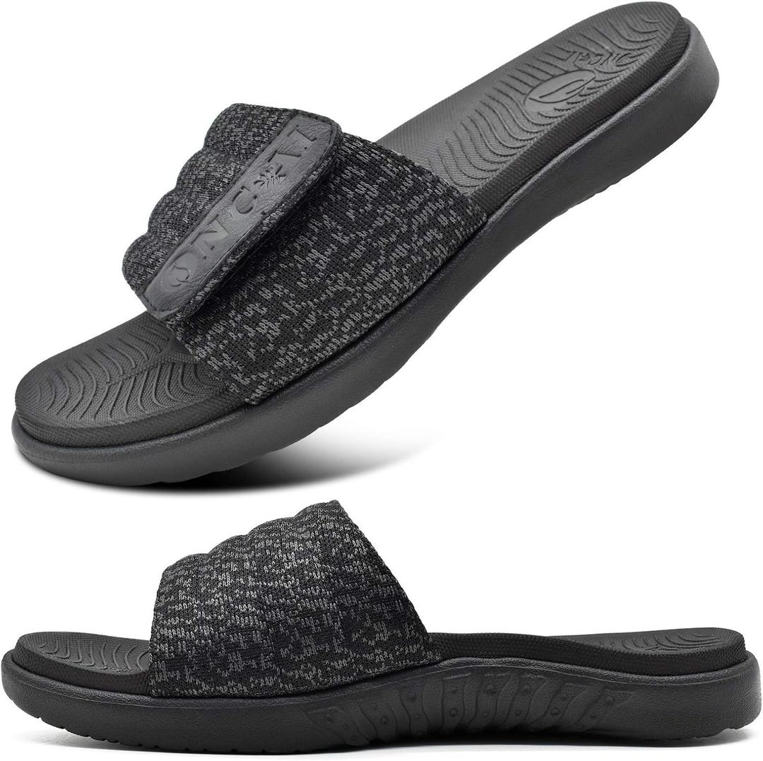 ONCAI Mens Sandals, Arch Support Sport Slides Open Toe Adjustable Straps Orthotic Cushioned Footbed for Plantar Fasciitis Rubber Soles Size 7.5-15 (Black)
