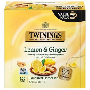 Twinings Lemon & Ginger Herbal Tea Individually Wrapped Bags, 100 Count (Pack of 1), Tangy Lemon, Spicy Ginger, Naturally Caffeine-Free, Enjoy Hot or Iced, 100 Teabags (EXP 02/19/29)